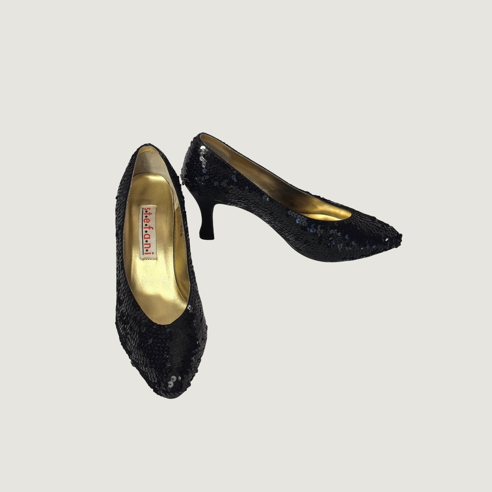 Vintage Stefani Black Sequin Pumps 7.5 B Pointed Toe Kitten Heel Formal Shoes